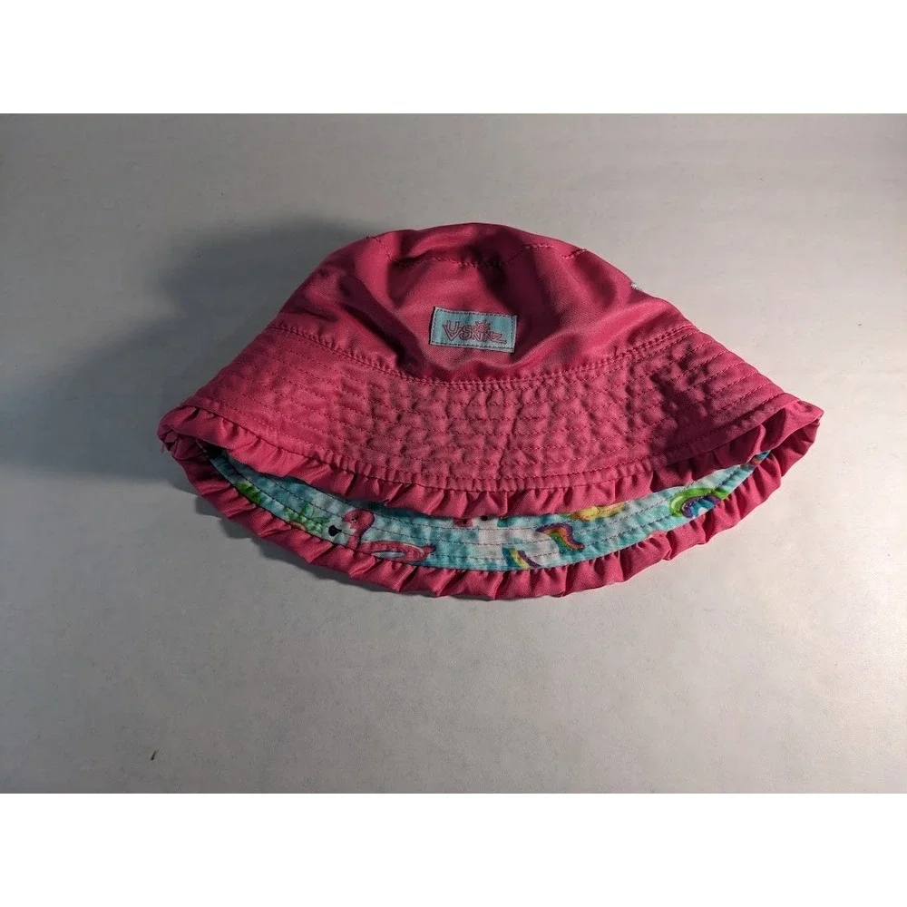 UV Skinz Girls Reversible Bucket Hat Pink Tropical Flamingo Sun Ruffle Brim 4-6
